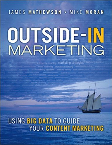 The cover of the book "Outside-In Marketing". It has a ship on the ocean floating into a world cloud of marketing strategy terms. The book reads "Using big data to guide your content marketing" and lists authors James Mathewson and Mike Moran.